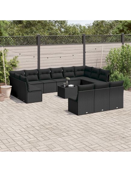 Set mobilier de grădină cu perne, 14 piese, negru, poliratan