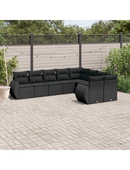 Set mobilier de grădină cu perne, 9 piese, negru, poliratan