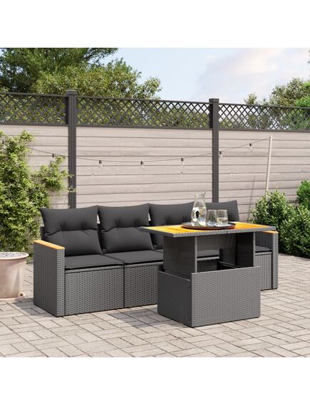 Set mobilier de grădină cu perne, 5 piese, negru, poliratan