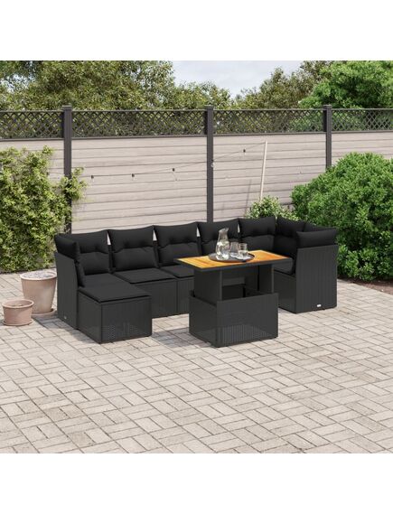 Set mobilier de grădină cu perne, 8 piese, negru, poliratan