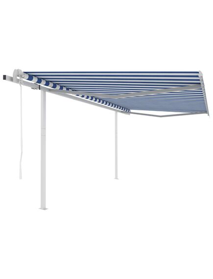 Copertină retractabilă automat, cu stâlpi, albastru&alb, 4x3 m