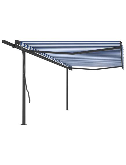 Copertină retractabilă manual, cu stâlpi, albastru & alb, 5x3 m