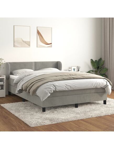 Pat box spring cu saltea, gri deschis, 140x200 cm, catifea