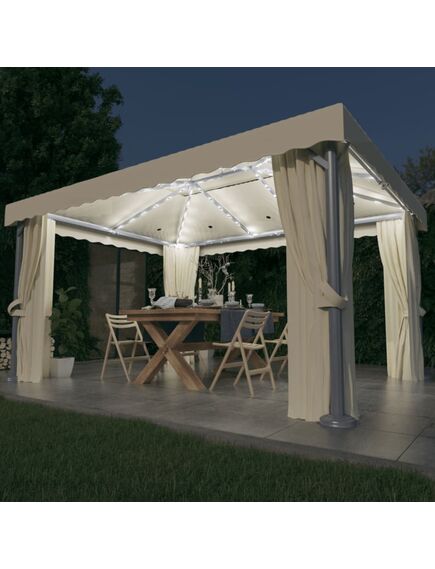 Pavilion cu perdele & șiruri lumini led, alb crem, 4x3 m