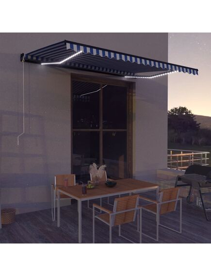 Copertină retractabilă manual led, albastru și alb, 500x300 cm