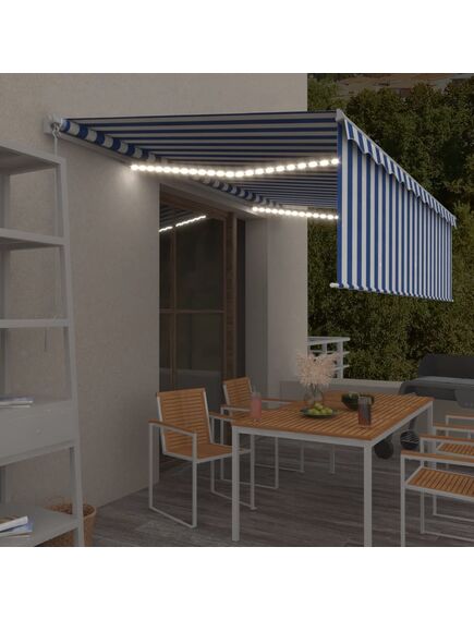 Copertină retractabilă manual cu stor&led, albastru&alb, 5x3 m